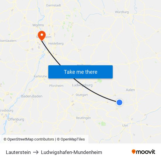 Lauterstein to Ludwigshafen-Mundenheim map