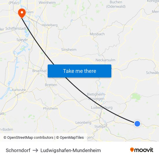 Schorndorf to Ludwigshafen-Mundenheim map