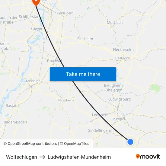 Wolfschlugen to Ludwigshafen-Mundenheim map