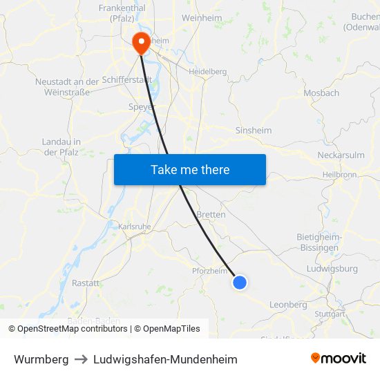 Wurmberg to Ludwigshafen-Mundenheim map