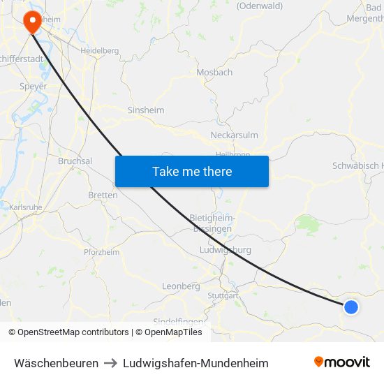 Wäschenbeuren to Ludwigshafen-Mundenheim map
