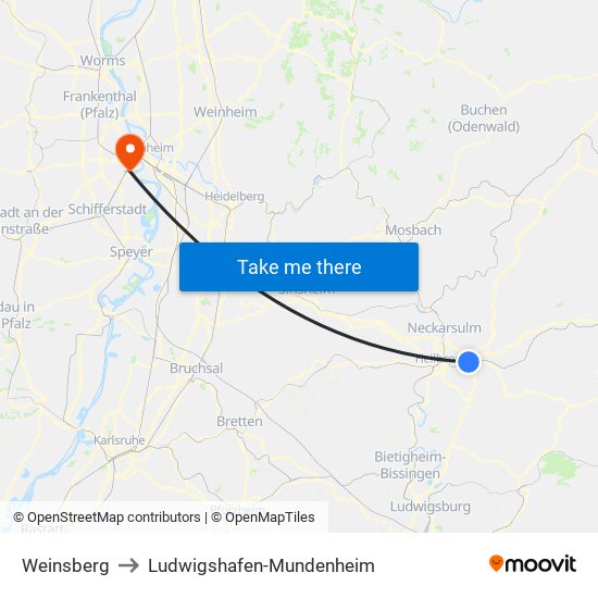 Weinsberg to Ludwigshafen-Mundenheim map