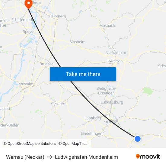 Wernau (Neckar) to Ludwigshafen-Mundenheim map