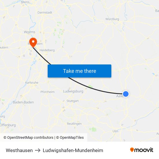 Westhausen to Ludwigshafen-Mundenheim map