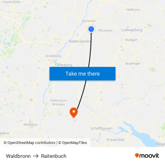 Waldbronn to Raitenbuch map