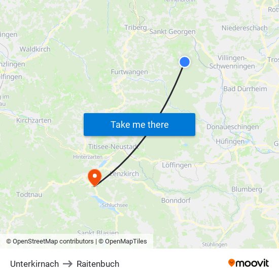 Unterkirnach to Raitenbuch map