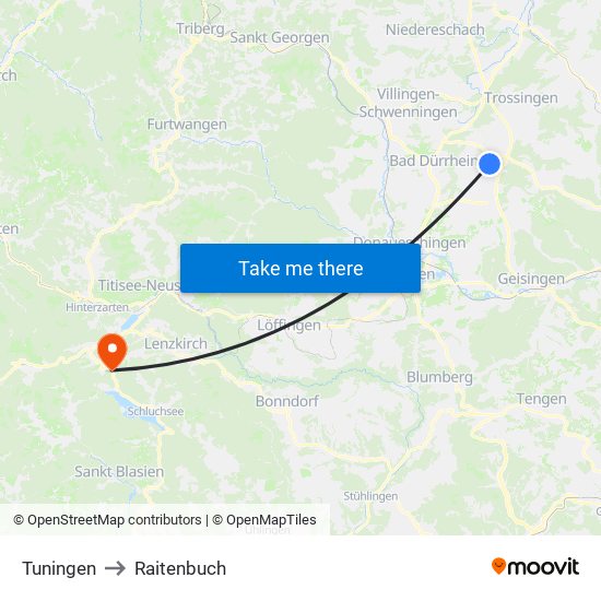 Tuningen to Raitenbuch map