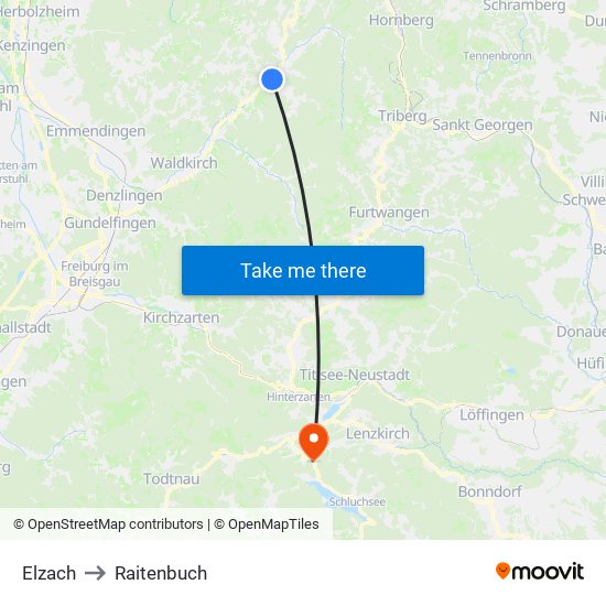 Elzach to Raitenbuch map