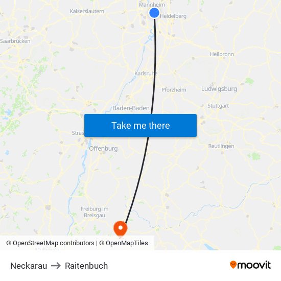 Neckarau to Raitenbuch map