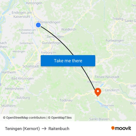 Teningen (Kernort) to Raitenbuch map