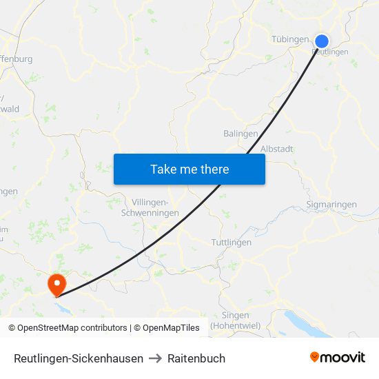 Reutlingen-Sickenhausen to Raitenbuch map