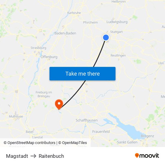 Magstadt to Raitenbuch map