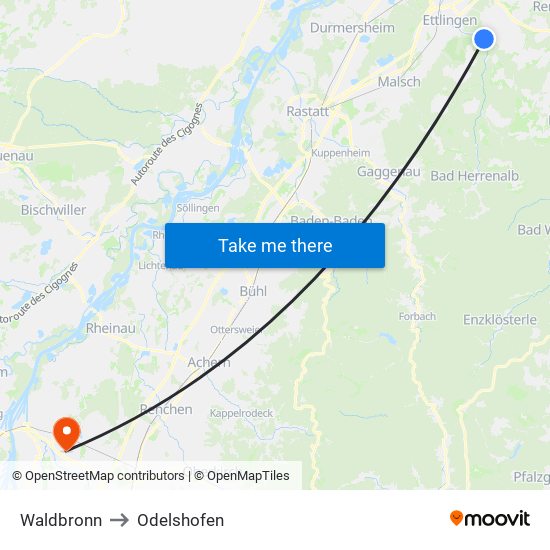 Waldbronn to Odelshofen map