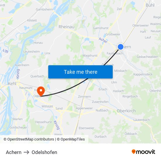 Achern to Odelshofen map