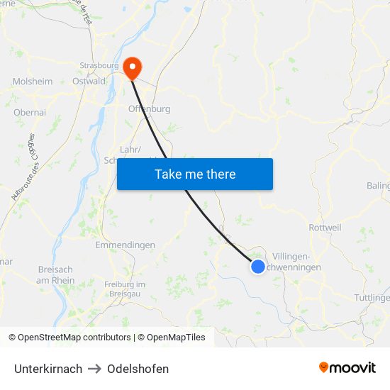 Unterkirnach to Odelshofen map