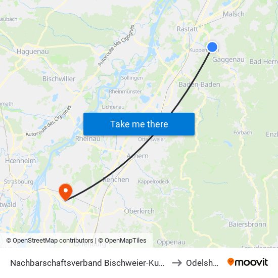 Nachbarschaftsverband Bischweier-Kuppenheim to Odelshofen map