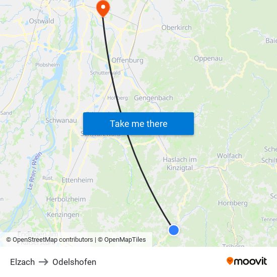 Elzach to Odelshofen map