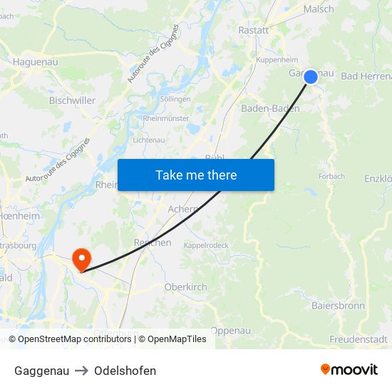 Gaggenau to Odelshofen map