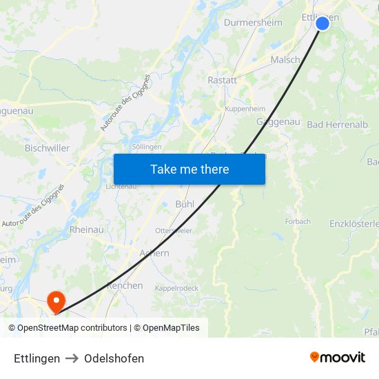 Ettlingen to Odelshofen map