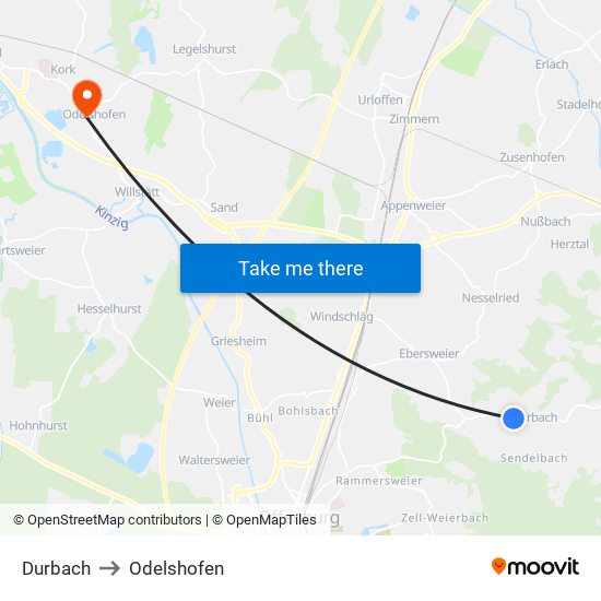 Durbach to Odelshofen map