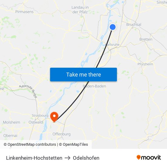 Linkenheim-Hochstetten to Odelshofen map