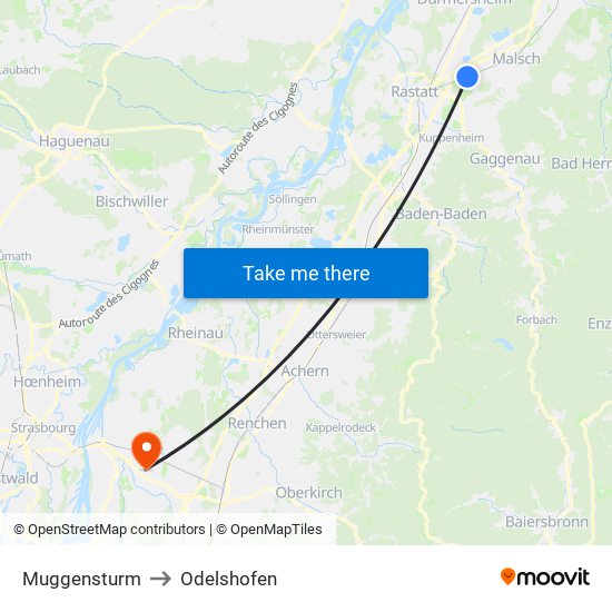 Muggensturm to Odelshofen map