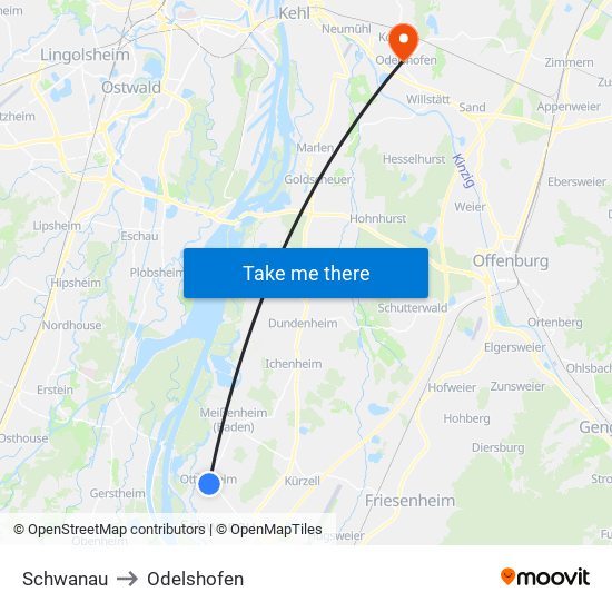 Schwanau to Odelshofen map