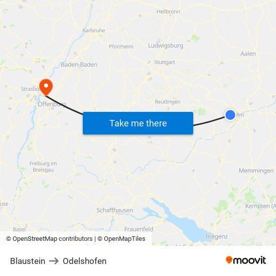 Blaustein to Odelshofen map