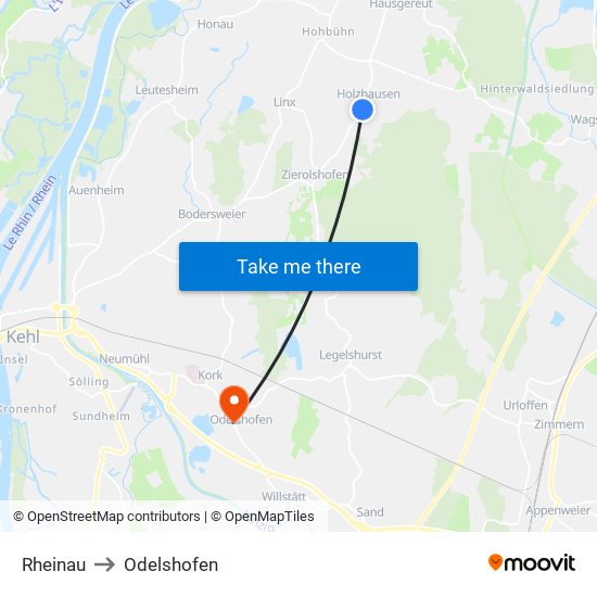 Rheinau to Odelshofen map