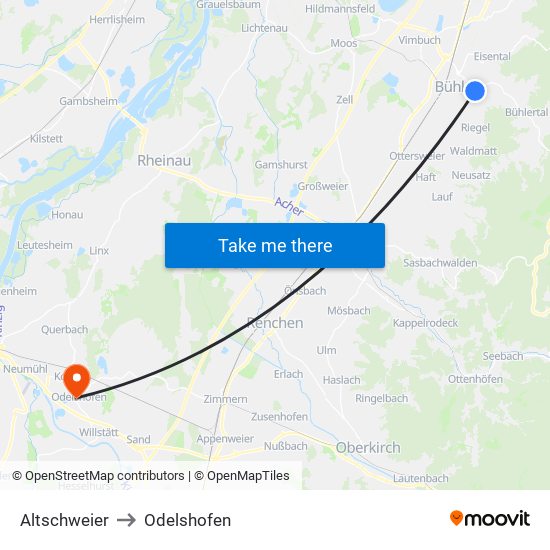 Altschweier to Odelshofen map