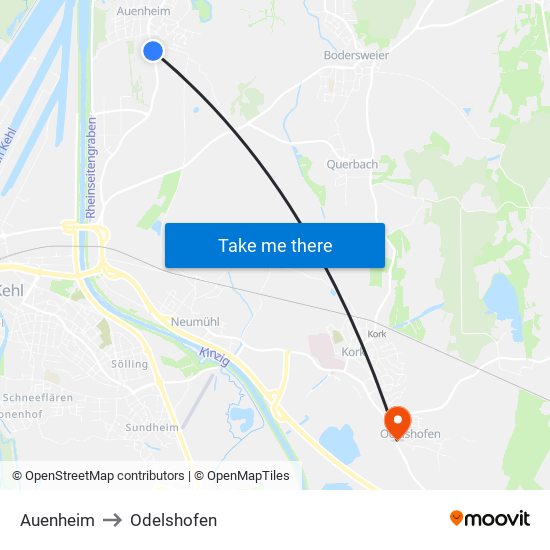 Auenheim to Odelshofen map