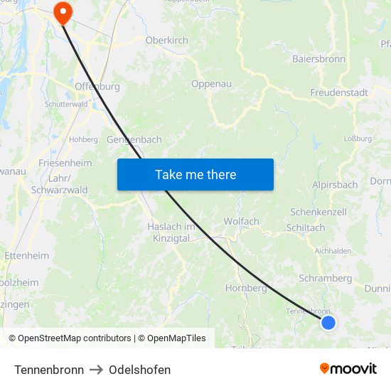 Tennenbronn to Odelshofen map