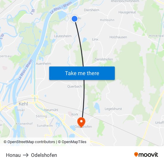 Honau to Odelshofen map