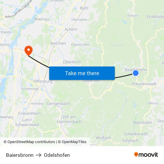 Baiersbronn to Odelshofen map