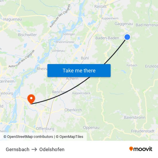 Gernsbach to Odelshofen map