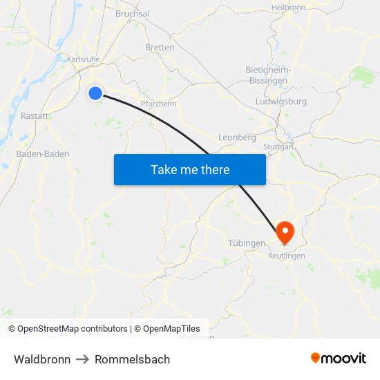 Waldbronn to Rommelsbach map