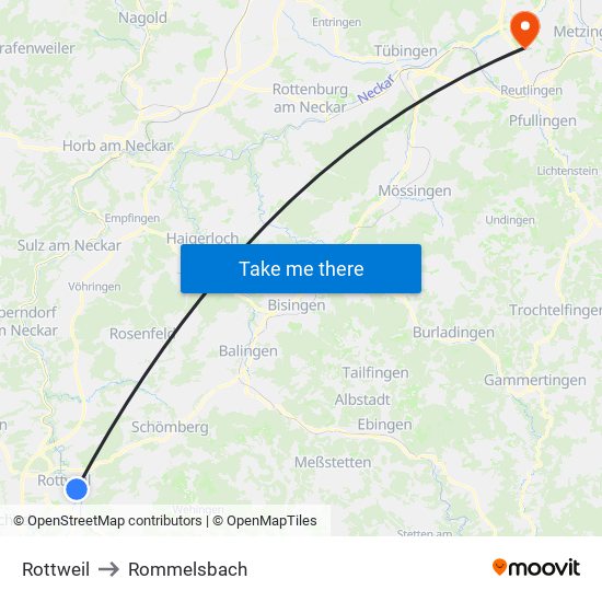 Rottweil to Rommelsbach map
