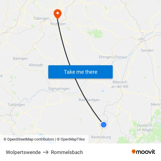 Wolpertswende to Rommelsbach map