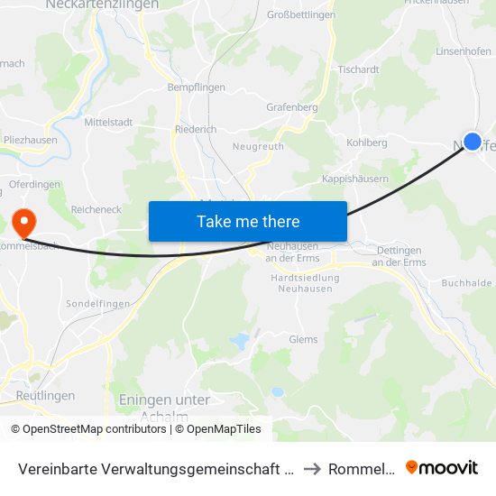 Vereinbarte Verwaltungsgemeinschaft Der Stadt Neuffen to Rommelsbach map