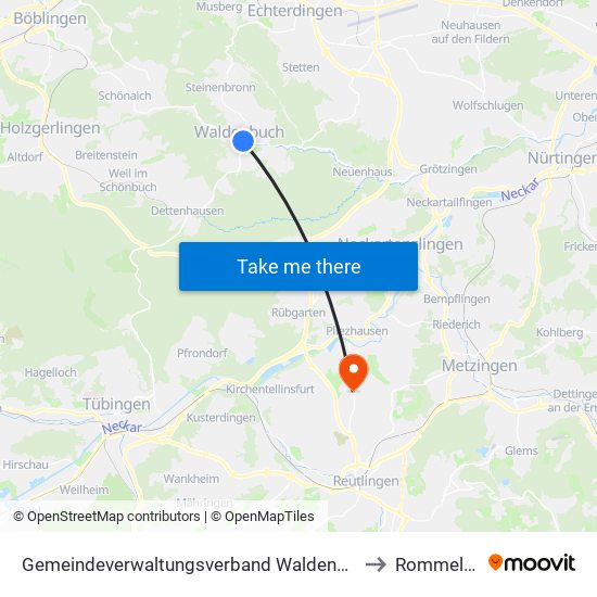 Gemeindeverwaltungsverband Waldenbuch/Steinenbronn to Rommelsbach map