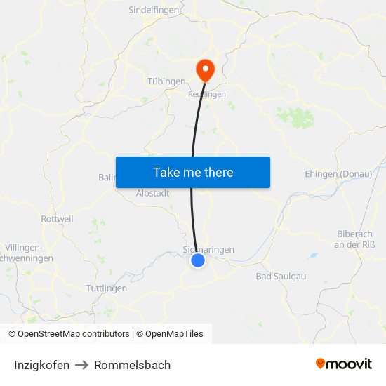 Inzigkofen to Rommelsbach map