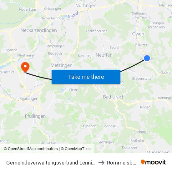 Gemeindeverwaltungsverband Lenningen to Rommelsbach map