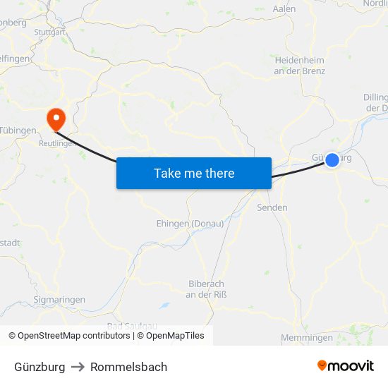 Günzburg to Rommelsbach map