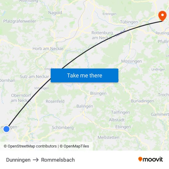 Dunningen to Rommelsbach map