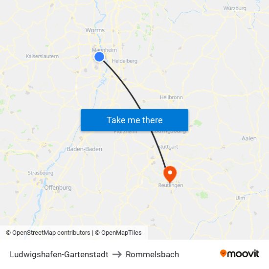 Ludwigshafen-Gartenstadt to Rommelsbach map