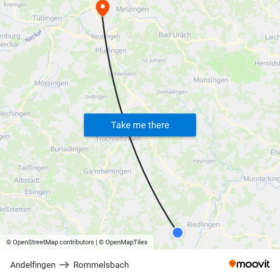 Andelfingen to Rommelsbach map