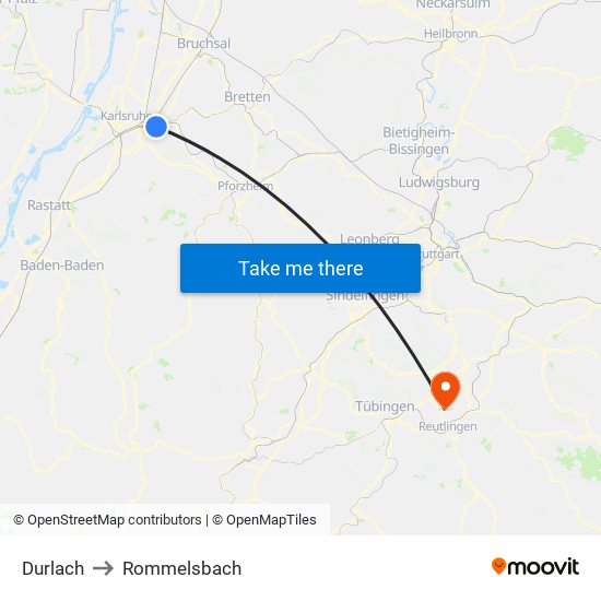 Durlach to Rommelsbach map