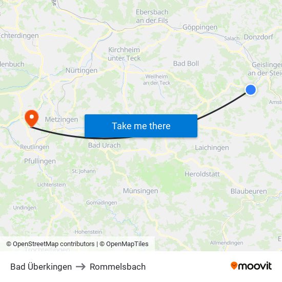 Bad Überkingen to Rommelsbach map