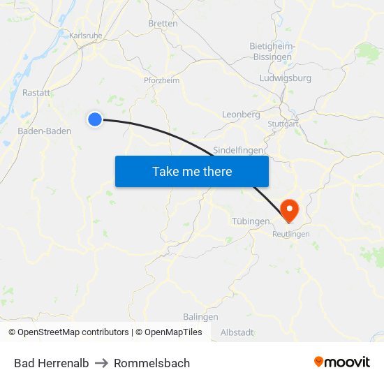 Bad Herrenalb to Rommelsbach map