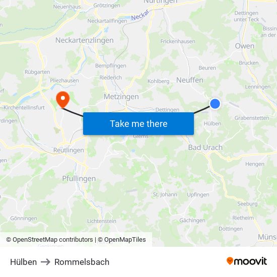 Hülben to Rommelsbach map